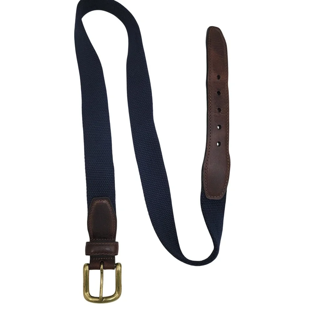 Mens Navy Blue Surcingle Canvas Leather Belt Brown Trim Solid Brass Buckle 34